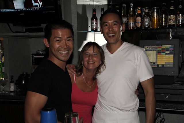 The
		bar staff, Silo and Andrew with their new pal.